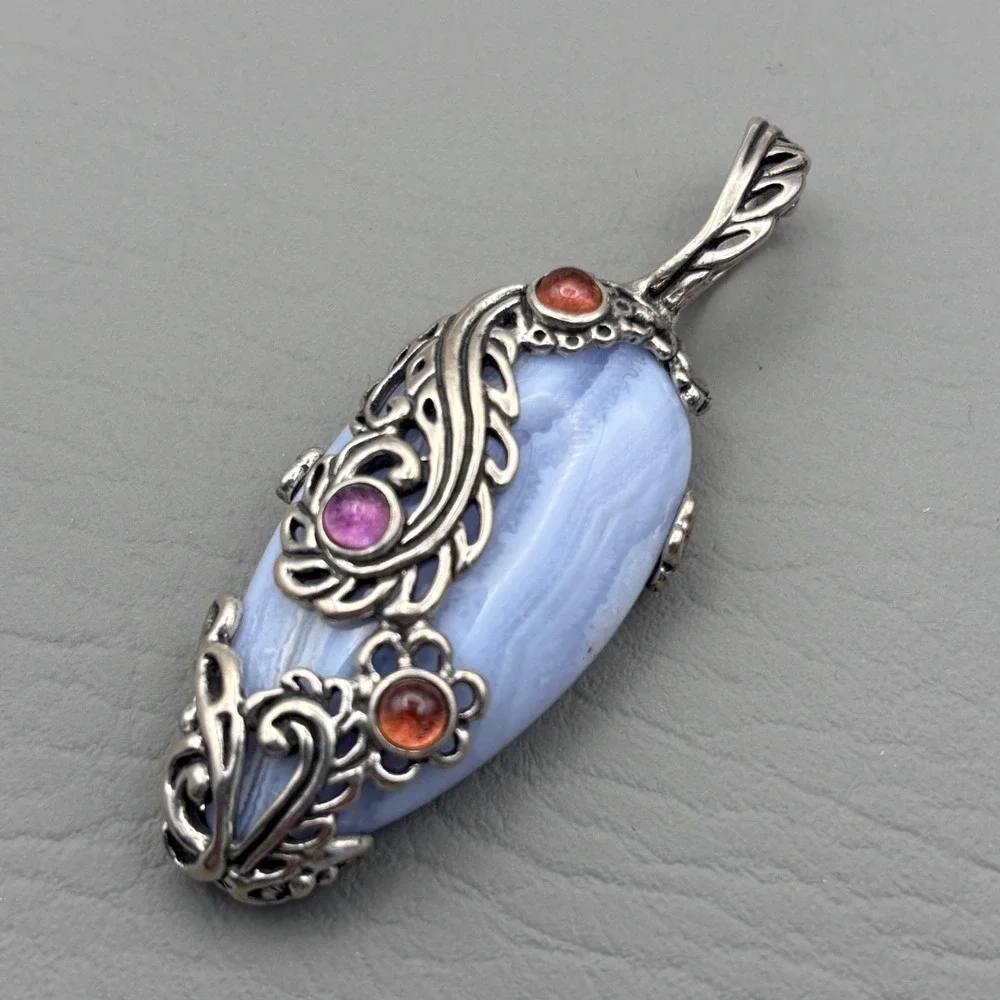 Vintage Carolyn Pollack Relios Sterling Blue Lace Agate Pendant 2.5